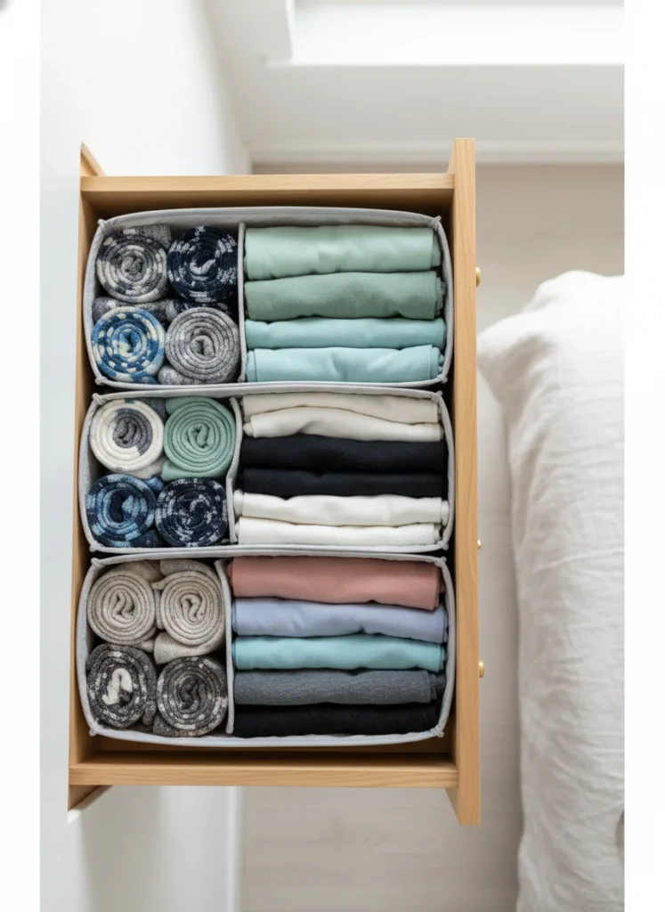 An open dresser drawer showing items organized with adjustable drawer dividers: socks in one section, folded underwear in another, t-shirts folded vertically in a third section. The drawer is full but completely organized and visually calm. No items piled on top of each other. Each category has its own zone. Editorial interior photography, top-down shot of open drawer.