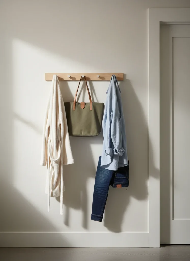 A bedroom wall beside the door with a simple horizontal wall-mounted hook rail in matte black or natural wood, holding a robe on one hook, a bag on another, and tomorrow's outfit on a third. The floor below is completely clear. The hooks are at a comfortable height for daily use. Simple, functional, clean. Editorial interior photography.