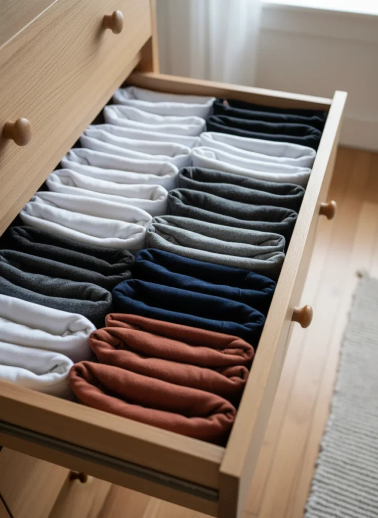 A dresser drawer photographed from above showing t-shirts folded into small rectangles and stood upright side by side so you can see every shirt at once, like a filing system. Different colors visible from above: white, gray, navy, terracotta. Nothing stacked. Every item visible without touching anything else. Editorial interior photography, top-down shot.