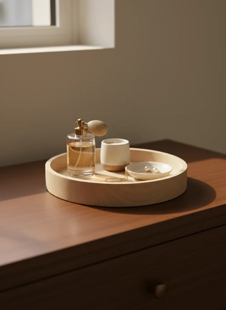 A dresser top with a round wooden tray containing a perfume bottle, a small candle, and a jewelry dish. Everything is inside the tray boundary. Outside the tray the surface is completely clear. The tray acts as a visual frame that makes the collection read as intentional decor rather than clutter. Warm ambient light. Editorial interior photography.