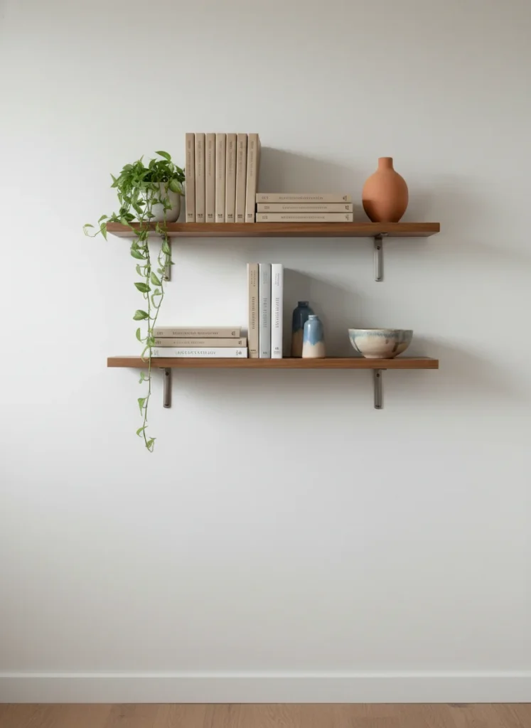 A small bedroom wall with two floating shelves at different heights holding books standing upright, a small trailing plant, and a few ceramics. Nothing is on the floor or dresser top that could be on the shelves. The shelves add visible storage without consuming any floor space. Clean, minimal, organized. Editorial interior photography.