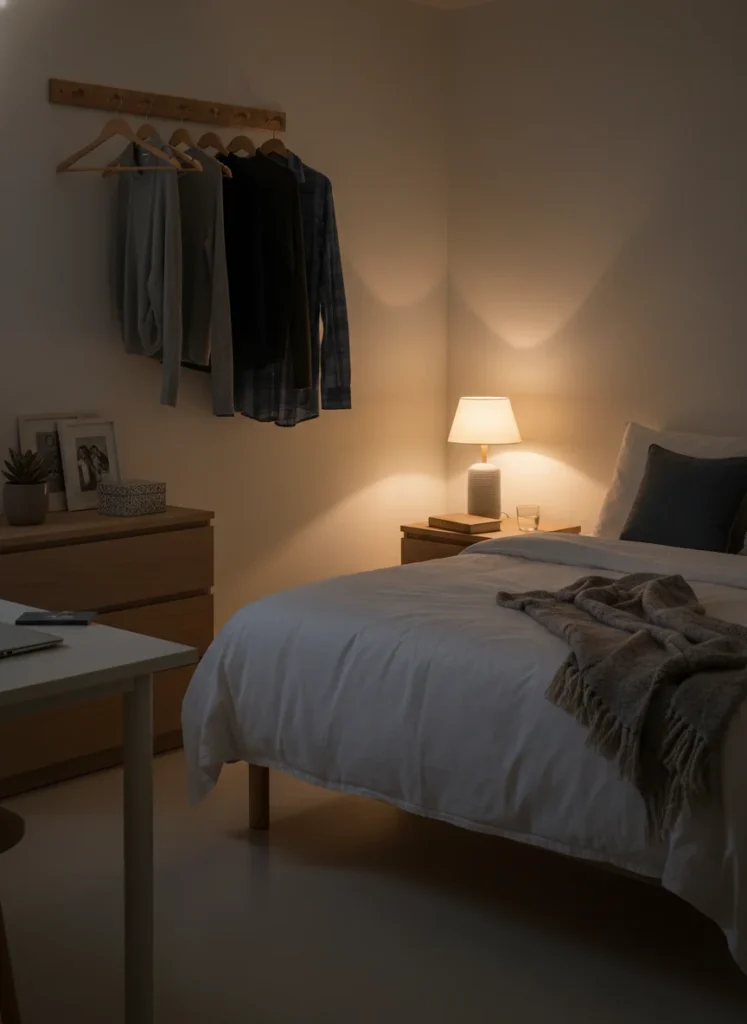 A small bedroom late at night just before sleep with everything put away: clothes on the hook rail, surfaces clear except for the three-item maximum per surface, floor completely clear, bed made. The room reads as peaceful and ready for the next day. Warm lamp light. Editorial interior photography, soft evening mood.