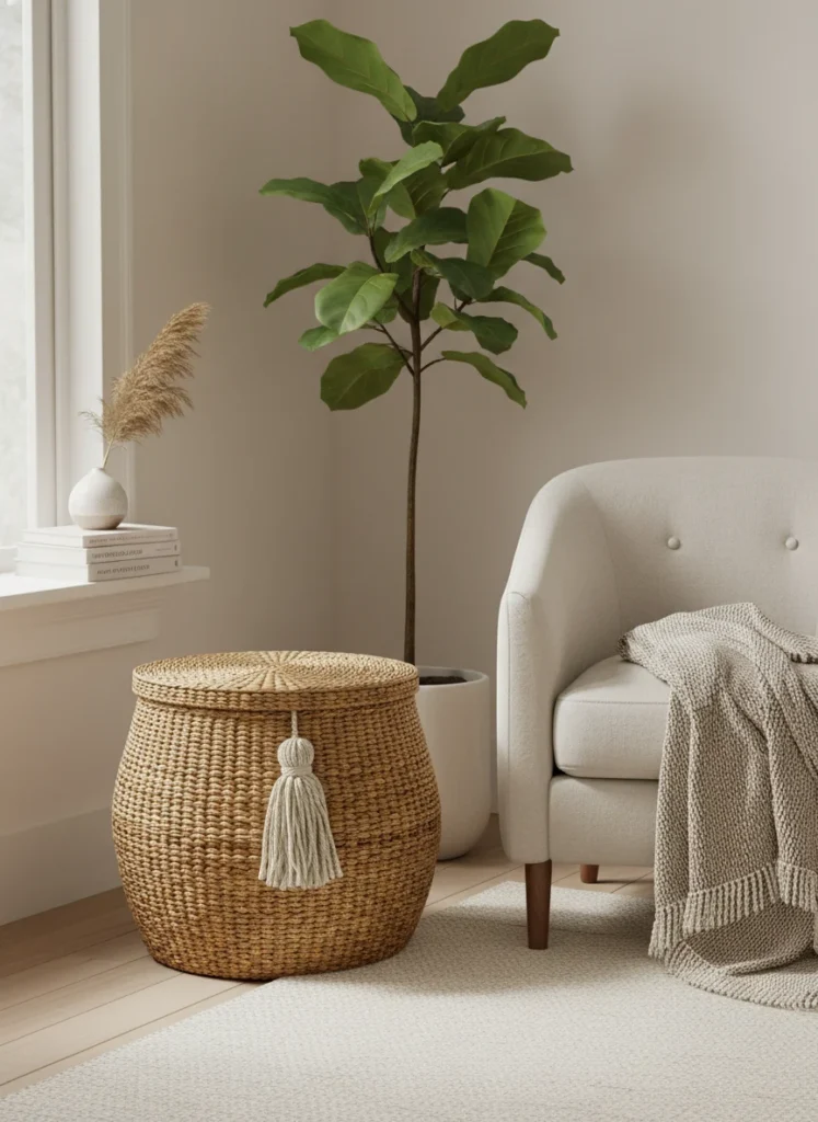 A corner of a small bedroom with a lidded laundry basket in a natural woven seagrass or rattan material with a fitted lid closed. The laundry inside is invisible. The basket reads as intentional decor in the bedroom corner rather than a practical container. Clean, organized room around it. Editorial interior photography.