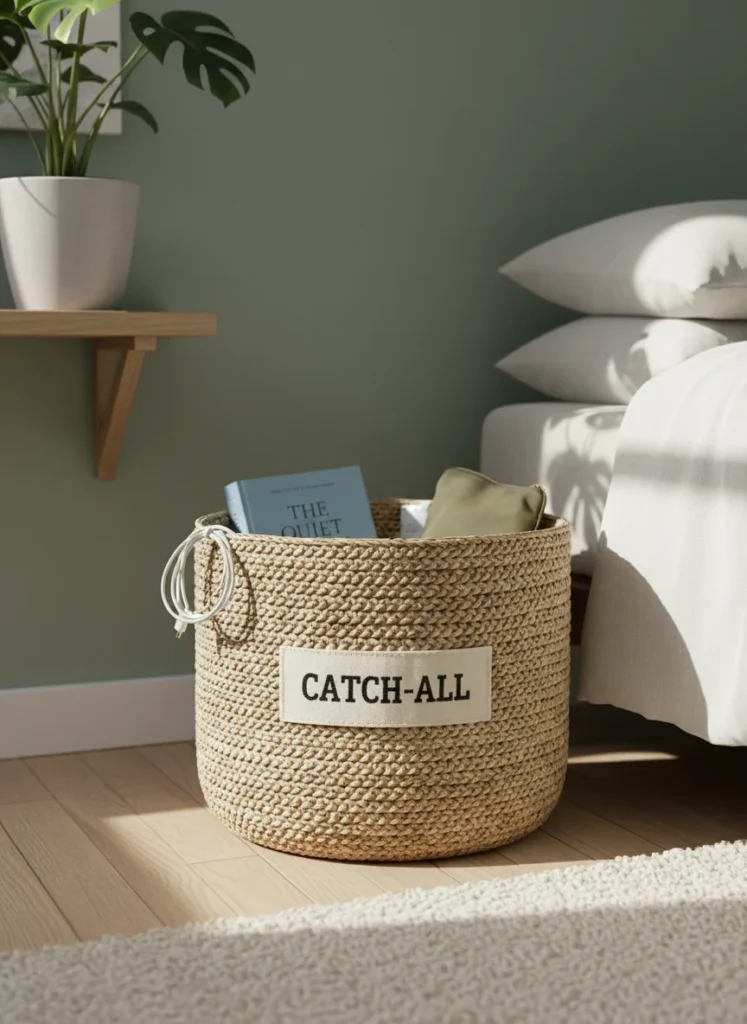 A small bedroom corner with a medium-sized woven basket on the floor labeled visually as a catch-all: inside it are a few random items that do not have an obvious home yet, a phone charger, a book, a small bag. The basket contains the randomness rather than letting it spread across the floor. The room around it is otherwise clean. Editorial interior photography.