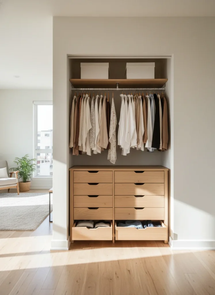 An open closet showing a slim dresser positioned inside the closet space, using the closet width efficiently. The closet now contains all clothing storage: hanging items on the rod above, folded items in the dresser below. The bedroom floor outside the closet is completely free. The removed dresser footprint is now clear floor space in the bedroom. Editorial interior photography.