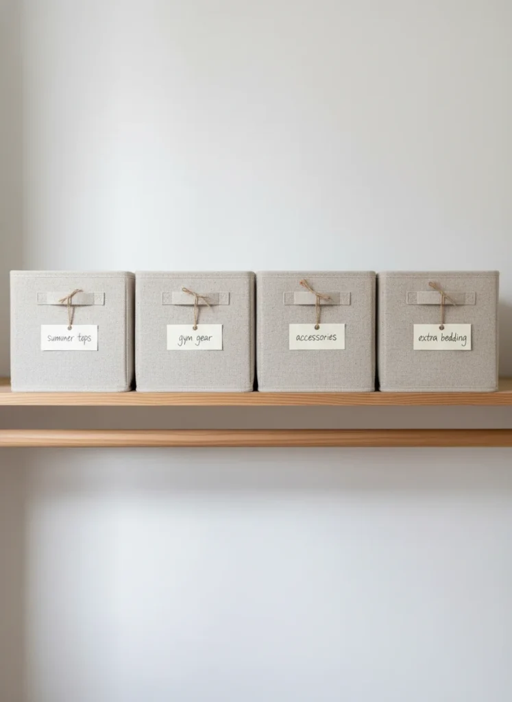 A closet shelf with four identical natural fabric storage bins in a row, each with a small handwritten label tag: 'summer tops', 'gym gear', 'accessories', 'extra bedding'. The labels are simple and minimal. The shelf reads as organized and intentional. Editorial interior photography.