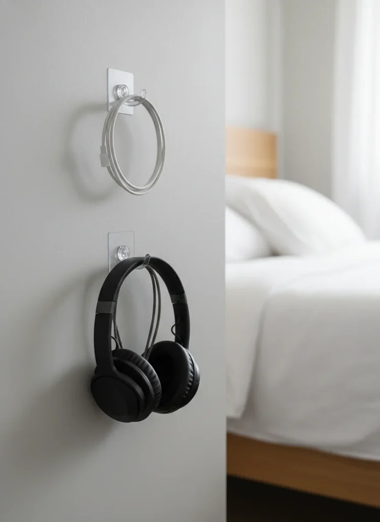A bedroom wall or nightstand back surface with two small adhesive peel-and-stick hooks holding a phone charging cable looped neatly and a pair of headphones. The cables are completely off the surface and floor. Clean, functional, invisible from a normal viewing angle. Editorial interior photography.