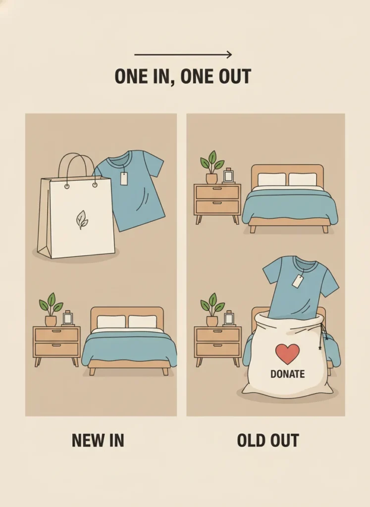 A simple graphic-style illustration showing two sides: on the left, a new item entering a bedroom (a shopping bag with a new shirt), on the right, an identical item leaving the bedroom (a shirt going into a donation bag). The one-in-one-out principle visualized simply. Clean infographic style, warm neutral tones.
