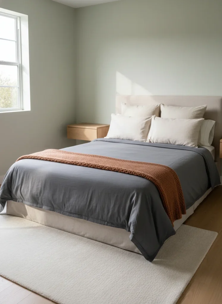 A small organized bedroom with the bed made neatly: duvet flat, pillows arranged, a folded throw at the foot. Every surface is clear. The made bed is the visual anchor that makes the entire room read as organized regardless of what is happening elsewhere. Morning light through the window. Clean, peaceful, editorial interior photography.