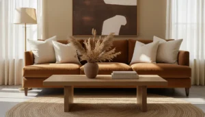 A home living room styled entirely in the mocha mousse palette: warm cocoa brown velvet sofa, cream linen throw pillows, a matte brown ceramic vase with dried grasses on a natural oak coffee table, a jute area rug, warm ambient lamp light, and soft ivory curtains. Rich, warm, grounded, sophisticated. Editorial interior photography, natural afternoon light.
