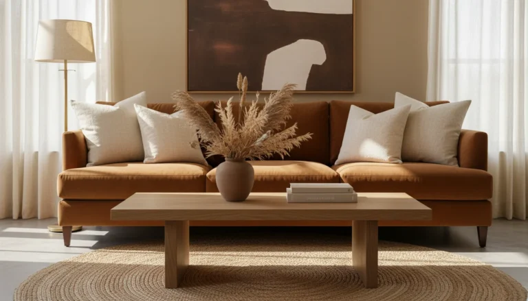 A home living room styled entirely in the mocha mousse palette: warm cocoa brown velvet sofa, cream linen throw pillows, a matte brown ceramic vase with dried grasses on a natural oak coffee table, a jute area rug, warm ambient lamp light, and soft ivory curtains. Rich, warm, grounded, sophisticated. Editorial interior photography, natural afternoon light.