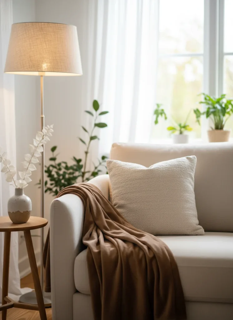 A cream-colored sofa in a warm living room with a mocha mousse velvet throw blanket draped casually over one arm. The warm brown of the throw contrasts softly against the ivory sofa. A cream pillow and a small ceramic vase on the side table beside it. Warm lamp light. Cozy, editorial interior photography.