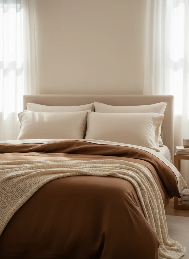A bed made up in warm cocoa-brown linen bedding with a duvet cover in a deep mocha tone, natural wrinkled linen texture visible, ivory linen pillowcases, and a cream waffle-knit throw at the foot. The bedroom walls are warm white. Natural morning light through sheer curtains. Rich, warm, completely sophisticated. Editorial interior photography.