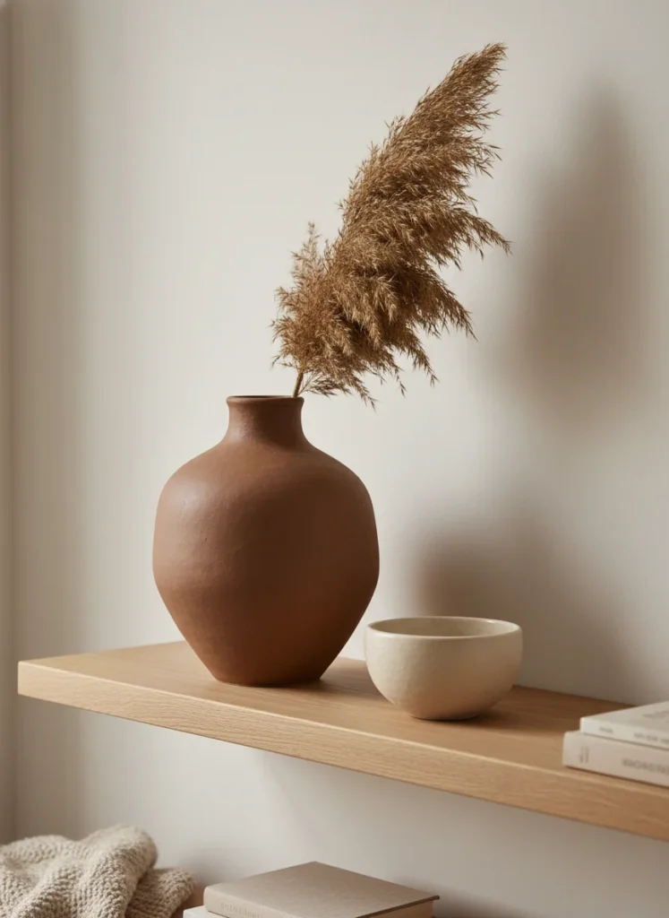  A natural wood shelf in a living room or bedroom with a large matte ceramic vase in a warm mocha brown tone, slightly irregular handmade-looking form with a soft unglazed finish. Beside it a smaller cream ceramic bowl and a dried grass stem in the vase. Warm ambient light. The matte surface absorbs light softly. Editorial interior photography, shelf vignette close-up.