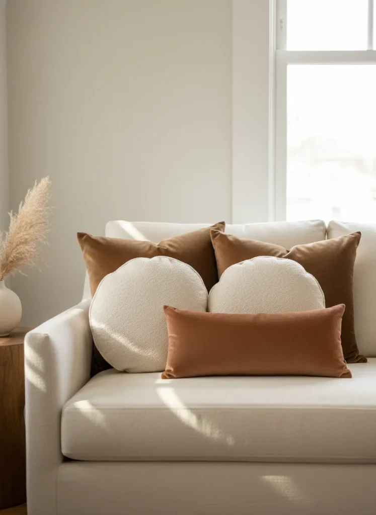 A cream linen sofa with layered throw pillows in the mocha mousse palette: two large mocha velvet square pillows at the back, two medium-size ivory boucle pillows in front, one small lumbar pillow in a warm terracotta tone as the accent. The layering creates depth and visual richness without color competition. Warm natural light. Editorial interior photography.