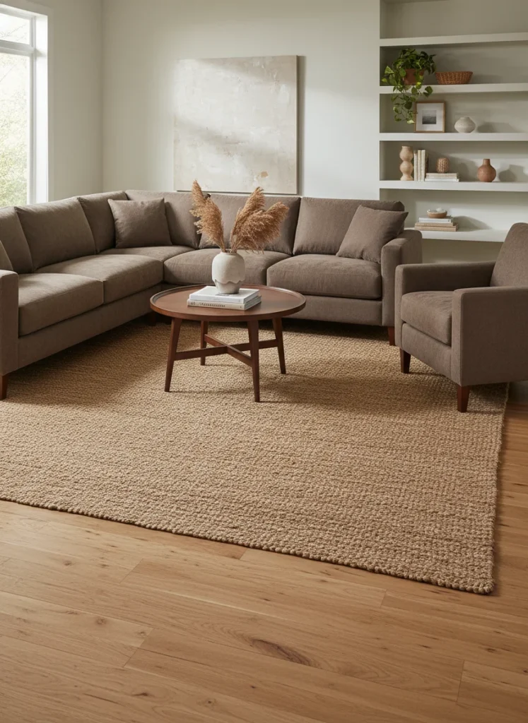  A living room or bedroom floor with a natural jute or warm brown wool area rug anchoring the furniture zone. The rug's warm sandy-brown tone sits between the mocha furniture above and the light wood floor beneath, creating a harmonious layered effect in the warm neutral palette. Wide room shot showing the rug in context. Editorial interior photography.