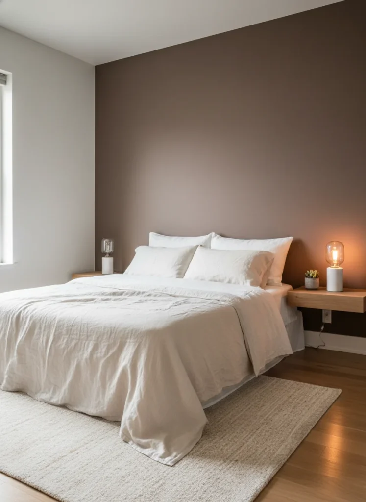 A small bedroom with one accent wall painted in a deep mocha mousse tone, a warm brown that is rich and grounding without being dark or oppressive. The bed is placed against this wall with warm white linen bedding. Natural wood nightstand shelf beside it. Warm lamp light. The mocha wall makes the entire room feel more intimate and expensive. Editorial interior photography, wide room shot.