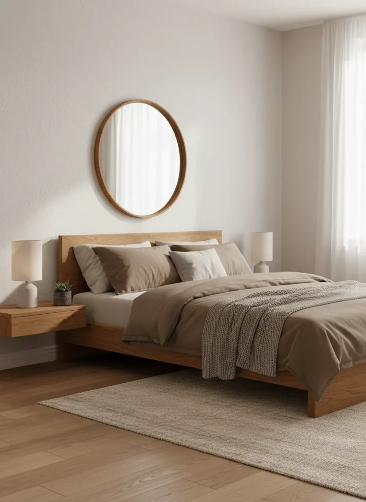 A bedroom with natural warm oak wood furniture: a low platform bed frame in warm oak, a floating wood shelf nightstand, and a natural wood framed mirror leaning against the wall. The wood tones are all in the warm brown family and coordinate naturally with mocha mousse textiles on the bed. No painted furniture, all natural grain. Warm, grounded, beautiful. Editorial interior photography.