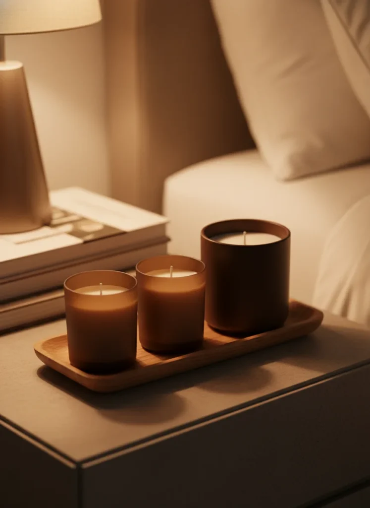 A bedroom or living room nightstand styled with two mocha-toned candles in warm brown frosted glass containers and one in a matte chocolate ceramic jar. The candles are unlit in the photo but clearly styled as part of the mocha mousse color story. A small wood tray beneath them groups them into a vignette. Warm ambient light. Editorial interior photography, close vignette shot.