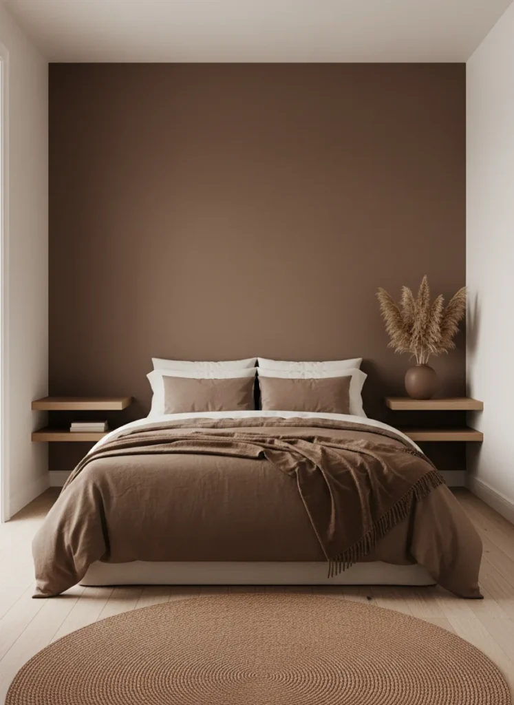 A small bedroom showing the full mocha mousse palette applied: mocha linen duvet, ivory pillowcases, warm oak floating shelf nightstands, matte brown ceramic vase with dried grass on the shelf, warm brown jute rug on light floor, mocha velvet throw at foot of bed, warm white walls with one wall in a deep cocoa tone behind the bed. The room is warm, cohesive, expensive-feeling. Editorial interior photography, wide shot.