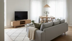 A small open-plan living room and dining area combo arranged correctly: a well-defined living zone with a sofa floating slightly away from the wall, anchored by a large area rug, facing a TV wall, and a separate dining zone defined by a pendant lamp above a small round dining table with four chairs. The sofa back faces the dining area, acting as a soft divider. Two distinct, functional zones in one continuous space. Editorial interior photography.
