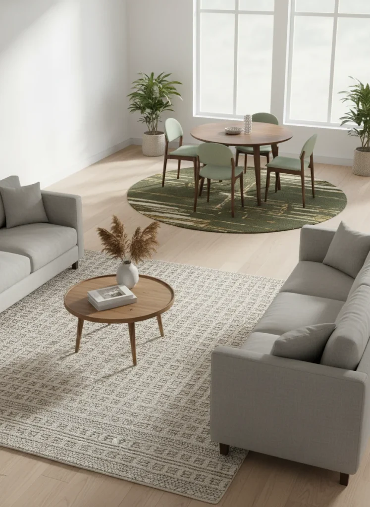 A small open-plan room showing two distinct area rugs defining two zones: a larger neutral rug under the sofa and coffee table in the living area, and a smaller rug under the dining table and chairs in the dining area. The rugs are different but coordinate in color family. The two-rug approach creates clear visual boundaries between the zones without any walls or furniture dividers. Editorial interior photography, wide overhead or room-level shot.