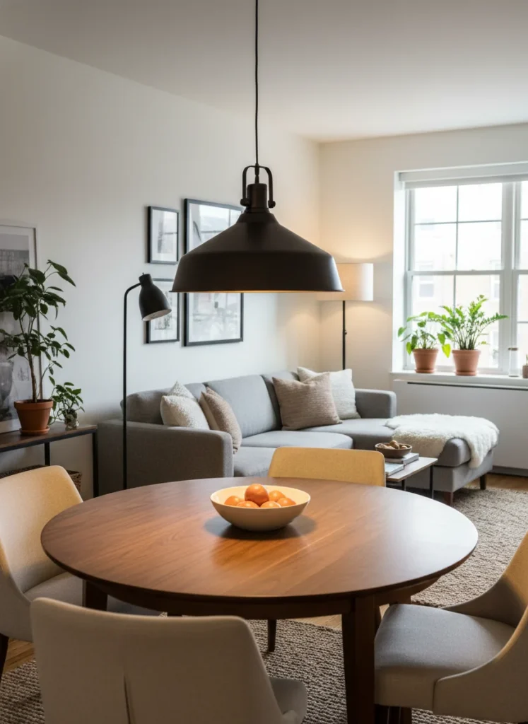 A small combined living and dining room where a statement pendant lamp hangs low over the dining table, approximately 30-34 inches above the table surface. The pendant creates an intimate cone of light over the table that visually anchors it as a distinct zone. The living area behind the sofa uses a floor lamp at a different height. The two different light sources at different heights make the zones visually distinct even without any wall between them. Editorial interior photography.