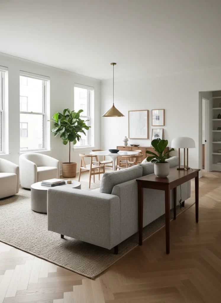 A small combined room where the sofa is positioned centrally in the room, floating away from the wall, with its back facing the dining area. The sofa back acts as a natural low divider between the living zone (in front of the sofa) and the dining zone (behind it). A narrow console table runs along the sofa back, facing the dining area, holding a lamp and a plant. The two zones feel distinct despite sharing open space. Editorial interior photography.