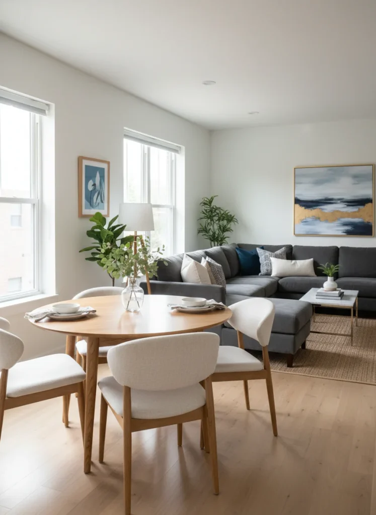 A small combined living room and dining area where a round dining table with four chairs occupies the dining zone. The round table fits four people comfortably with more efficient use of floor space than a rectangular table of the same capacity. People can move around all sides of the round table without navigating corners. The traffic flow through the combined room works naturally around the curved table. Editorial interior photography.