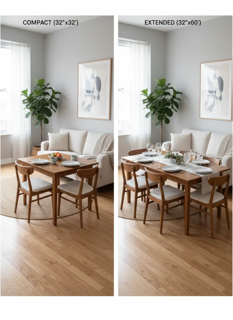 A small combined room showing an extendable dining table in two states: the compact state at 32x32 inches fitting two people and taking minimal floor space, and the extended state at 32x60 inches accommodating six people with the leaves inserted. The table is shown in the compact state in everyday use with the living zone clearance maintained. Editorial interior photography, two-panel comparison.