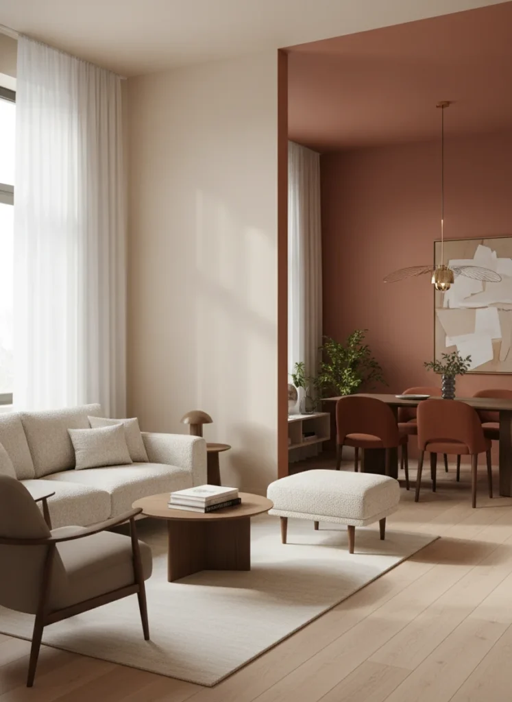 A small combined living and dining room where the living zone walls are painted in a warm neutral tone and the dining zone wall (typically the short wall at the end of the room) is painted in a slightly deeper, related tone. The color shift signals the zone change without requiring any physical wall. The furniture in each zone reflects its wall color. Editorial interior photography showing the two-tone room effect.