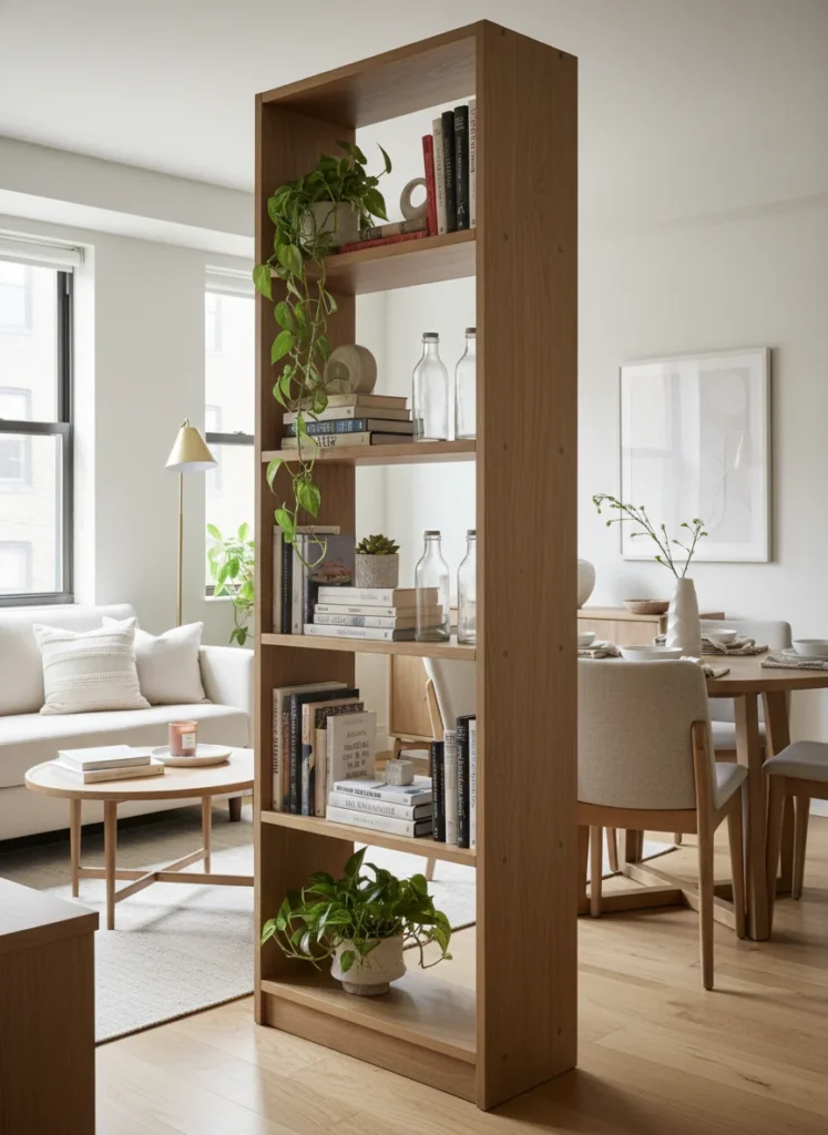 A small combined room where an open-backed bookshelf approximately 60 inches tall and 36 inches wide is positioned perpendicular to the wall, partially dividing the living zone from the dining zone. The shelf is open so light passes through both sides. The living zone side holds books and plants. The dining zone side holds a few bottles or decorative objects. The shelf creates a visual boundary without blocking sightlines or light. Editorial interior photography.