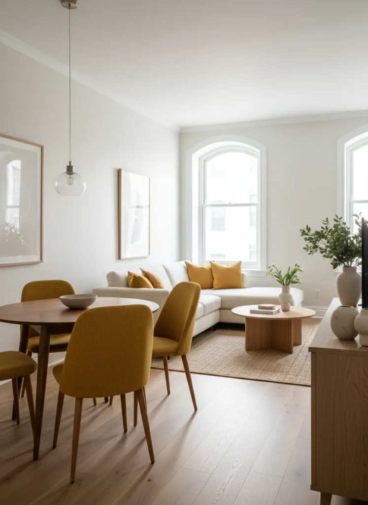 A small combined room where the dining chairs are upholstered in the same color or material as the throw pillows on the sofa in the living zone. The coordinating color ties the two zones together visually, making the room read as a single curated space rather than two zones that happen to share a room. Editorial interior photography showing both zones in one wide shot with the color coordination clearly visible.