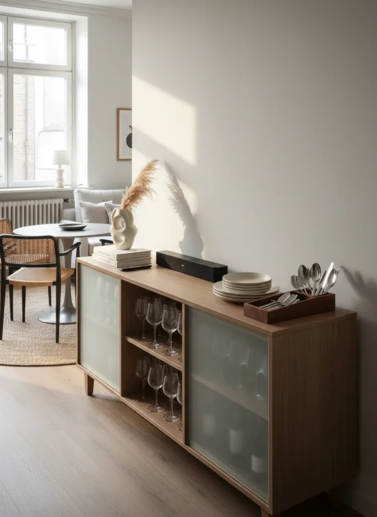 A small combined room where a slim sideboard approximately 14-16 inches deep is placed against the wall on the boundary between the living and dining zones. The sideboard holds dining items on the dining zone side (plates, glassware behind closed doors) and media components or living room items on the living zone side surface. It serves both zones simultaneously from a single piece of furniture. Editorial interior photography.