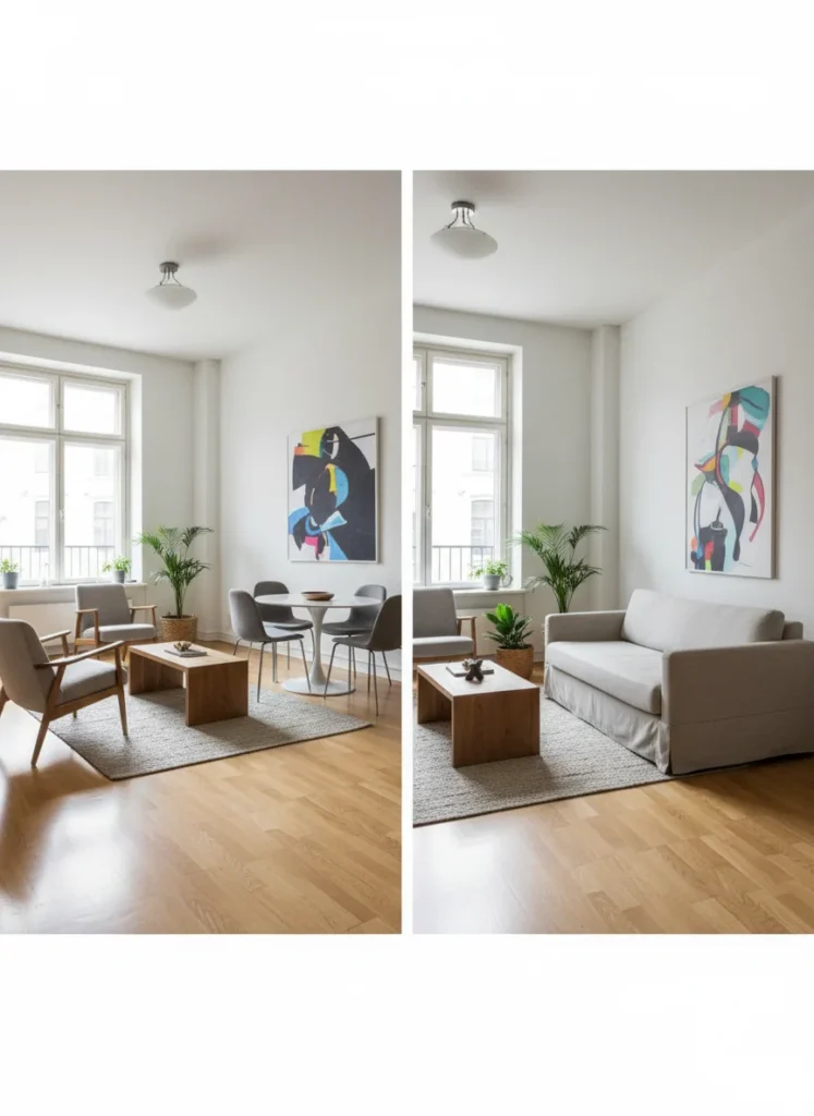 A small combined room where all furniture in both the living zone (sofa, chairs, coffee table) and the dining zone (dining table, dining chairs) has visible legs with at least 4-6 inches of clearance from the floor. The visible floor beneath each piece creates a sense of openness and continuity that makes the combined room feel larger. Compared to the same room where skirted or solid-base furniture creates a wall-like effect at floor level. Editorial interior photography.