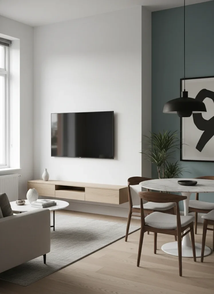 A small combined room where the TV is wall-mounted on the living zone's primary wall with a slim floating media console below it. The wall-mount frees the entire wall from floor to TV height, creating visual openness behind the living zone. The dining area is visible in the background with its pendant lamp anchoring the zone. Both zones read as defined and functional. Editorial interior photography.