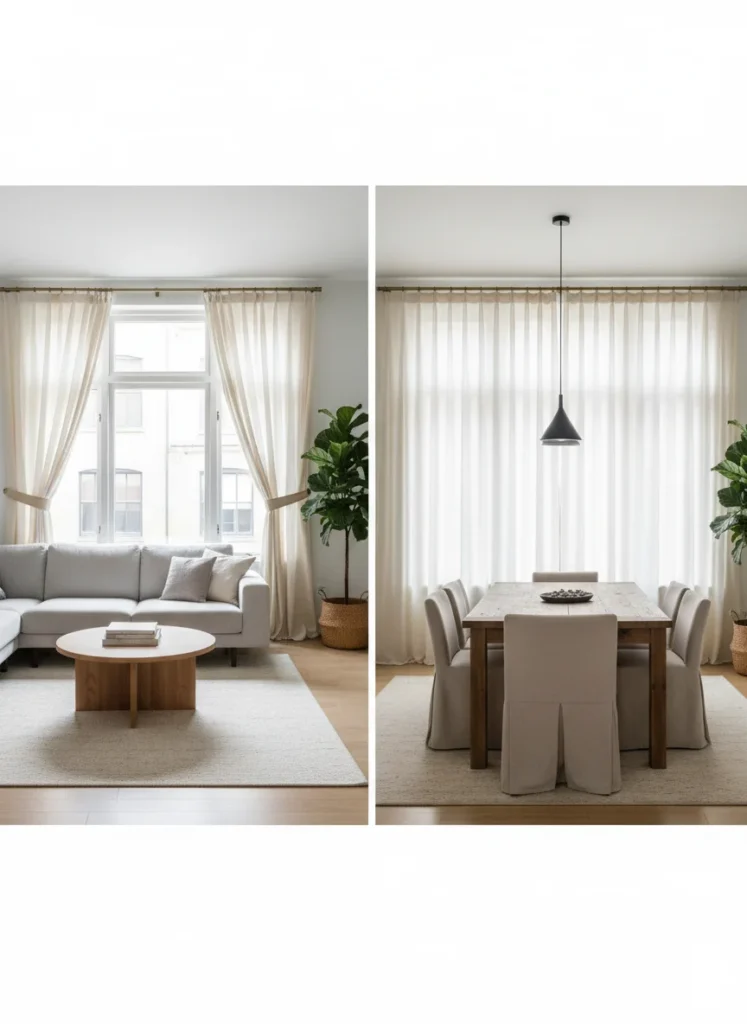 A combined room where a ceiling-mounted curtain track runs between the living and dining zones. In the open position, the sheer linen curtain panels are pulled to the side and the room reads as one continuous space. In the closed position, the curtain creates a soft partition that gives the dining area privacy and separates it from the living zone. Two photos showing both states. Editorial interior photography.