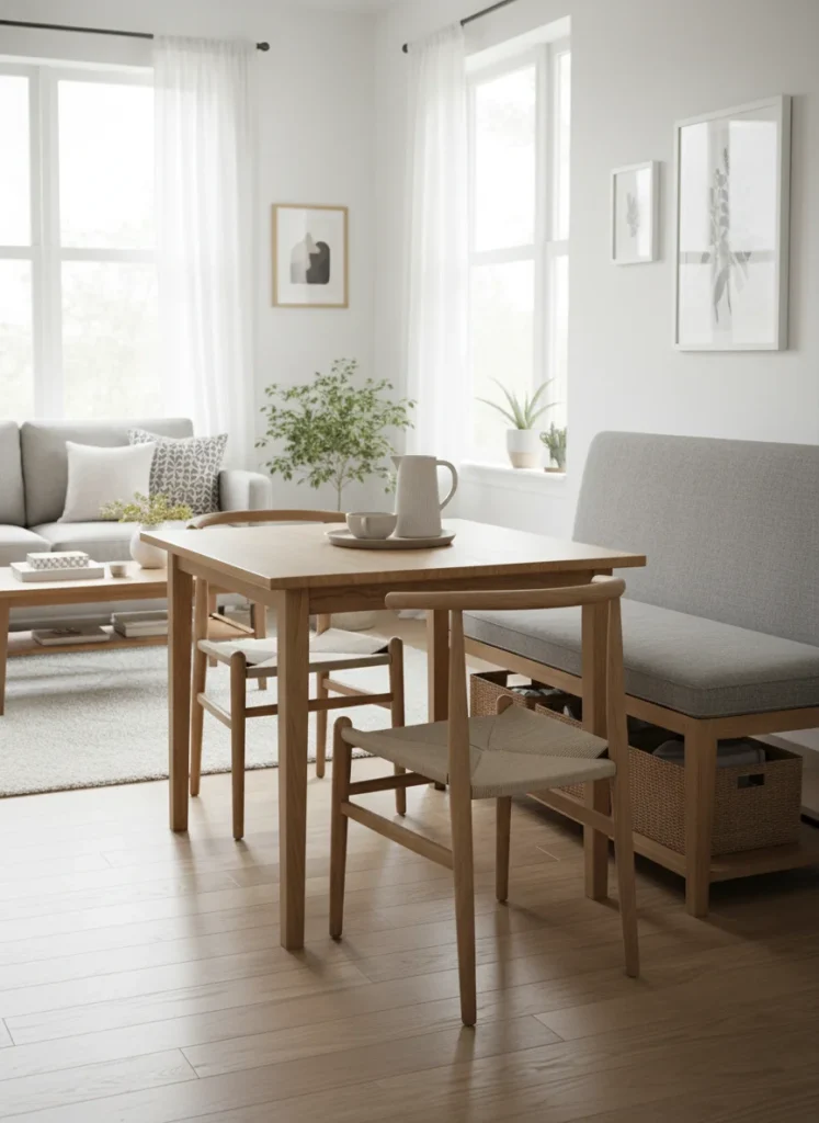 A small combined room with a compact dining table sized correctly for two people in daily use: 32x32 inches with two chairs. The table fits the dining zone without crowding the living area. A storage bench along the wall provides additional seating for guests and stores extra dining items beneath the seat. The room reads as spacious because the dining table is not oversized for daily use. Editorial interior photography.