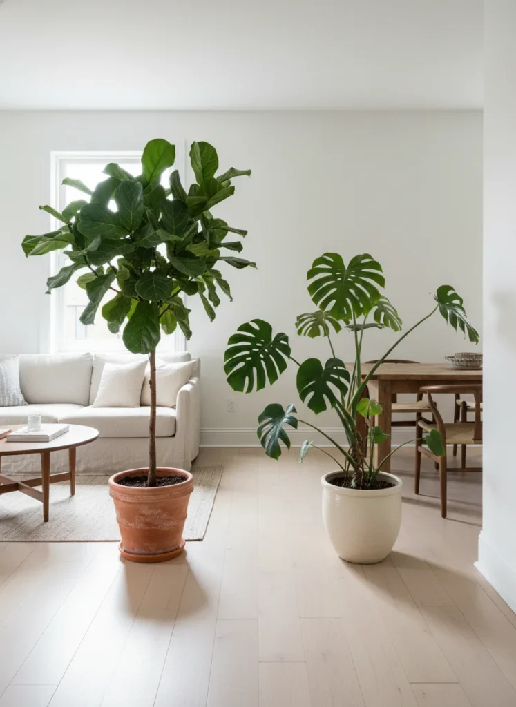  A small combined room where two large potted plants, a fiddle leaf fig and a large monstera, are positioned at the boundary between the living and dining zones on either side of the path between them. The plants create a natural, organic zone marker that is beautiful, functional, and requires no structural change. Editorial interior photography.