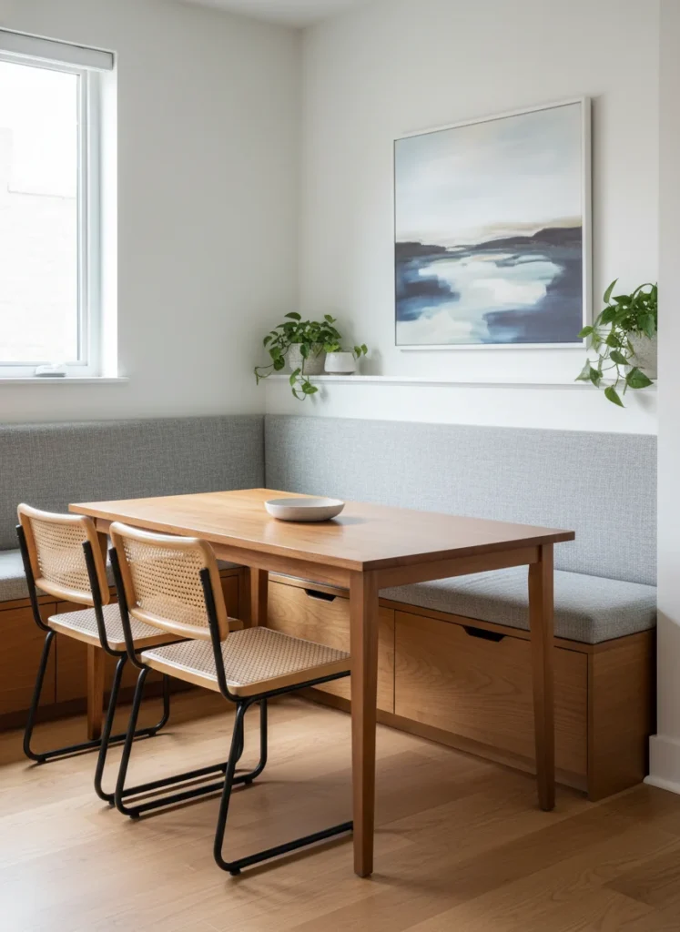A small combined room where the dining zone is anchored by a wall-mounted banquette bench along one wall, with dining chairs on the opposite side of the table. The banquette takes no chair-clearance floor space on its side because the sitter slides in rather than pulling the chair out. Beneath the bench seat, drawer storage holds dining items. The dining zone feels defined and efficient. Editorial interior photography.