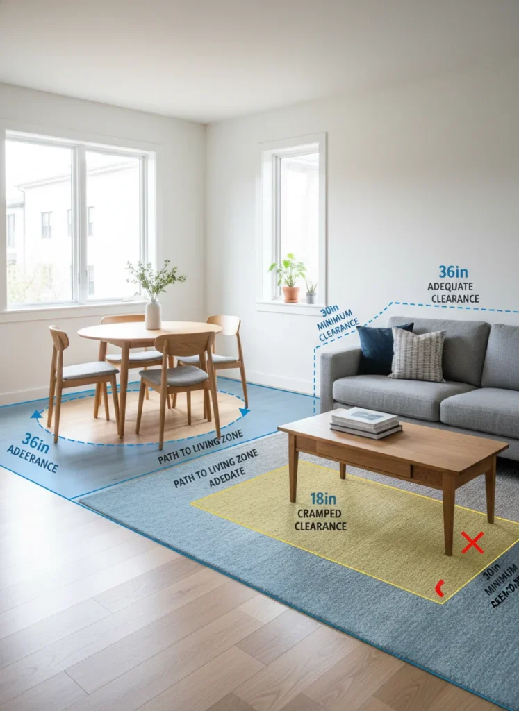  A small combined room with a floor plan overlay showing the 36-inch clearance zones around the dining table on all sides, the clearance from the dining zone to the living zone path, and the minimum clearance around the sofa and coffee table. The diagram shows what is adequate and what is cramped. Editorial interior photography with a simple overlay diagram showing the clearance measurements.