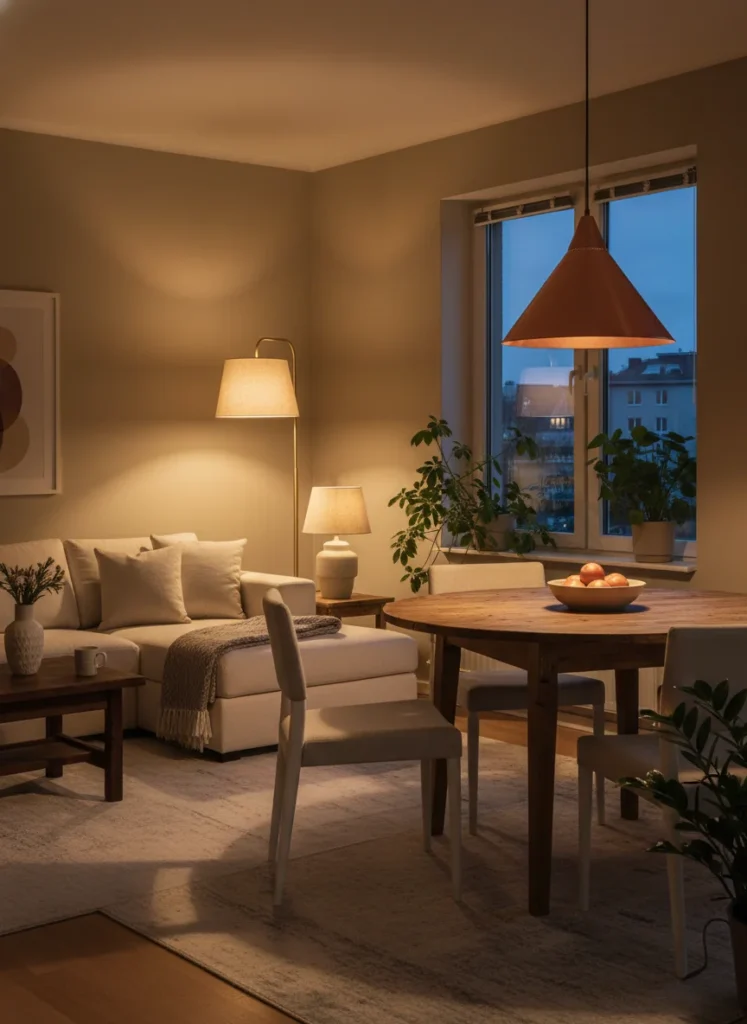  A small combined room in the evening with both zones lit: the living zone has a warm-toned floor lamp and table lamp creating ambient light at 2700K, and the dining zone has a pendant lamp also at 2700K providing focused dining light. The consistent warm color temperature across both zones makes the room feel cohesive even though the light sources are different. Warm, welcoming evening atmosphere. Editorial interior photography.