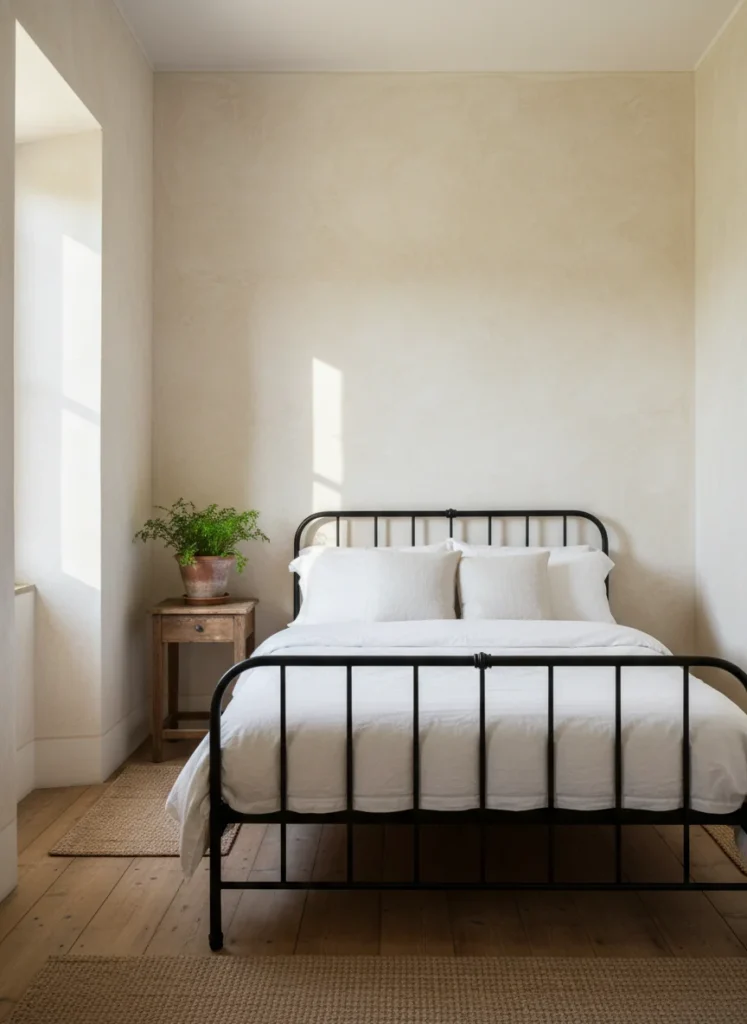 A small bedroom with all four walls limewashed in a warm white tone, the characteristic cloudy texture visible in a raking afternoon light that highlights the texture variations across the wall surface. Simple iron bed frame with white linen bedding, terracotta pot with a plant, warm wood floor. The room looks like it belongs in a Tuscan farmhouse. Editorial interior photography.