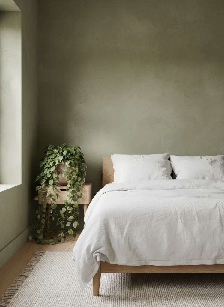 A small bedroom with limewash walls in a muted, earthy sage green tone. The limewash texture creates variation in the sage color, ranging from deep olive-green in shadowed areas to a soft, silvery sage in direct light. White linen bedding, natural wood furniture, a large trailing plant in a terracotta pot. The room feels like a Mediterranean garden room. Warm natural light. Editorial interior photography.