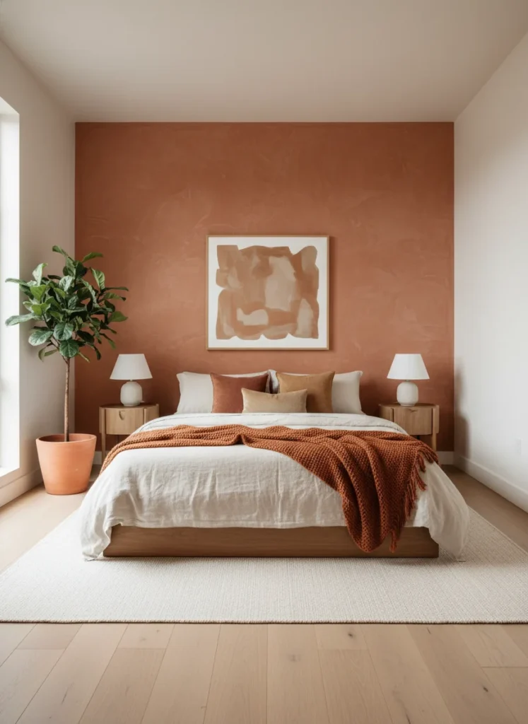 A small bedroom where only the wall behind the bed has been limewashed in a warm terracotta tone, creating a dramatic focal point. The other three walls are smooth painted in a complementary warm white. The limewash accent wall reads as a textured headboard for the entire wall, making the bed zone feel intentional and designed. Editorial interior photography, wide shot showing the contrast between the limewash wall and the smooth walls.