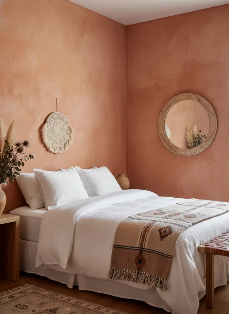 A small bedroom with all four walls limewashed in a dusty terracotta tone, warm and earthy. The limewash texture creates dramatic variation in the color, from deep burnt orange-red in the corners to a soft, dusty peach in the center of each wall where light hits directly. White linen bedding, natural wood accents, dried flowers in an earthenware vase. The room feels like a Moroccan riad or a Southwestern adobe. Warm afternoon light. Editorial interior photography.