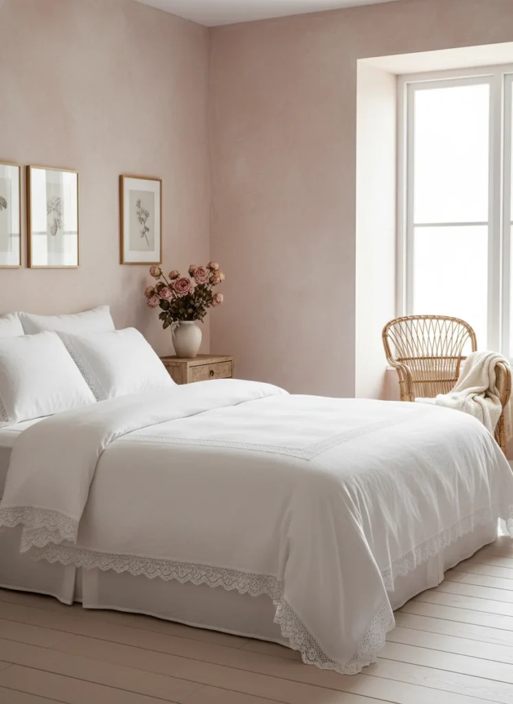A small bedroom with limewash walls in a very soft, dusty blush tone, almost a washed-out rose-beige. The limewash texture creates subtle variations in the blush, from nearly ivory in bright areas to a richer warm pink in shadowed corners. White linen bedding with simple lace trim, dried roses in a ceramic vase, a woven rattan chair in the corner. The room reads as romantic and quietly feminine without being loud. Natural morning light. Editorial interior photography.
