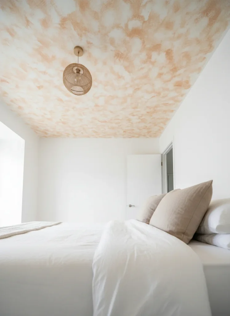 A small bedroom where the ceiling has been limewashed in a warm ivory or very light terracotta tone while the walls remain smooth and white. Looking up from the bed, the limewash ceiling has a beautifully textured, cloudy surface that makes the ceiling feel lower, warmer, and more intimate than a plain white ceiling would. The effect is subtle but makes the room feel enveloping. Editorial interior photography, upward angle view from the bed showing the limewash ceiling.