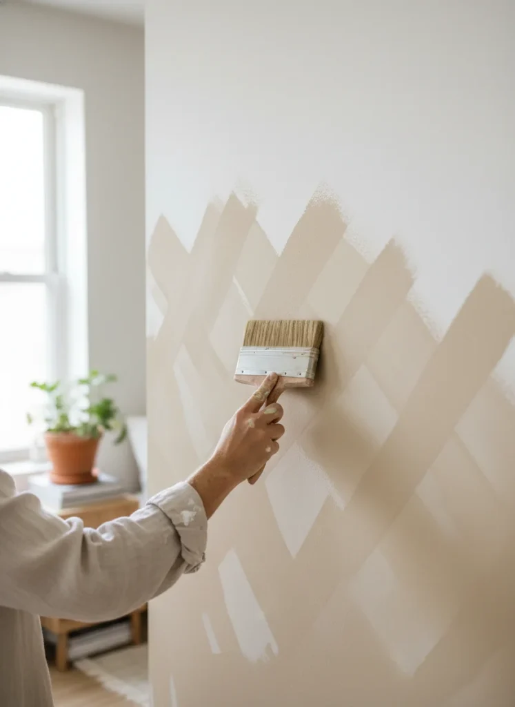  A close-up of someone applying limewash paint to a bedroom wall using a large rectangular block brush in a crisscross X pattern. The wall shows the characteristic cloudy, uneven application that creates the limewash texture, with some areas thicker and others thinner in the same stroke. The half-finished wall shows the difference between the primed drywall and the first coat of limewash. Tutorial-style editorial photography.