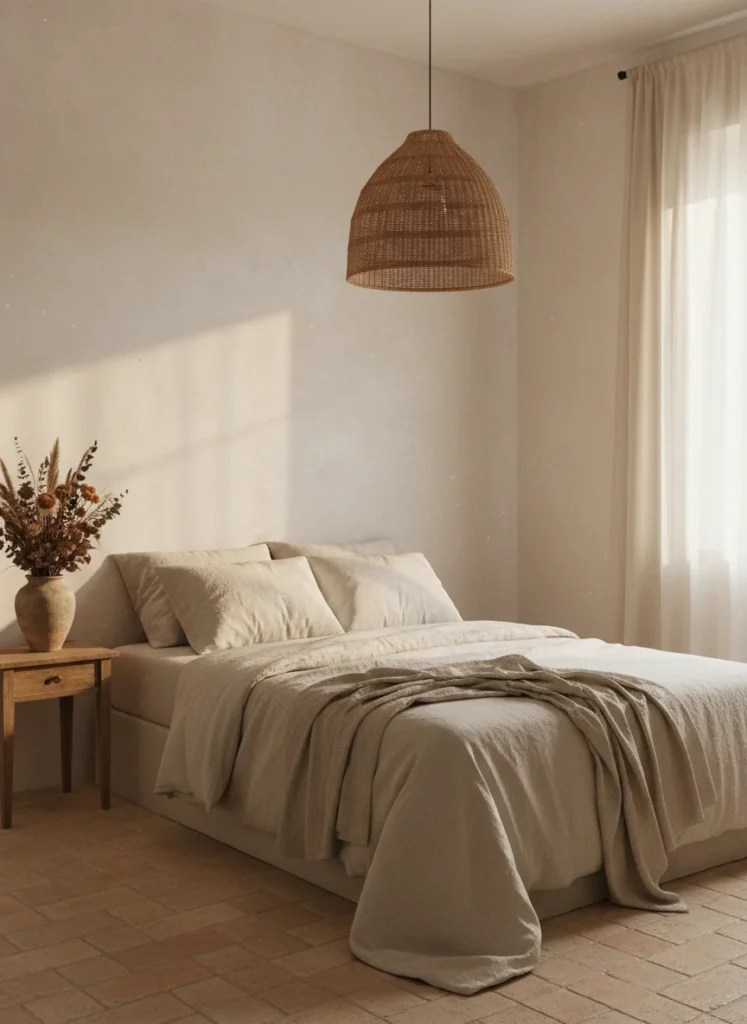 A small bedroom with warm white limewash walls showing the full Italian villa effect: the limewash provides the wall texture, natural linen bedding in warm ivory provides the bed texture, a rattan pendant lamp hangs from the ceiling, dried botanicals in an earthenware vase sit on a simple wood nightstand, and warm afternoon light comes through sheer curtains. The combined effect of the textural layers creates a room that looks genuinely old and beautiful. Editorial interior photography.